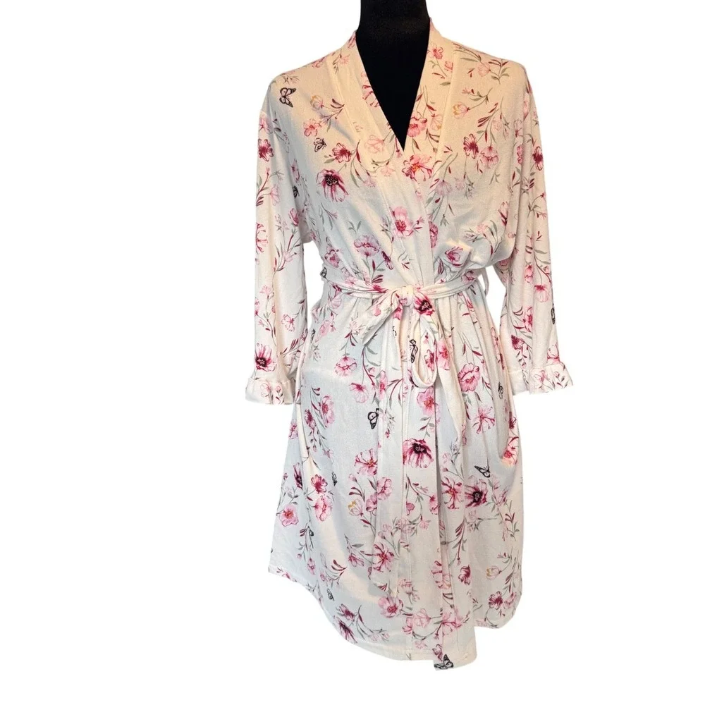Laura‎ Ashley Womens Pink Floral Butterfly Print Robe White Small 3007-S1